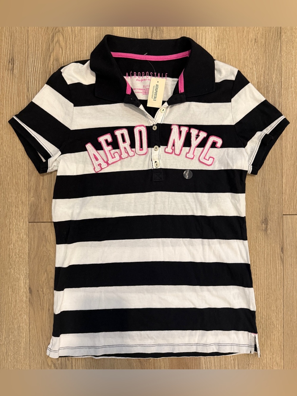 Aéropostale Womens XL Striped Polo Shirt NWT Black/White/Pink Embroidered Logo